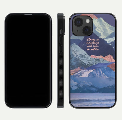 Celestial Mountain Calm Glass Case for iPhone 15 dual-view layout displaying scenic tones and curved finish