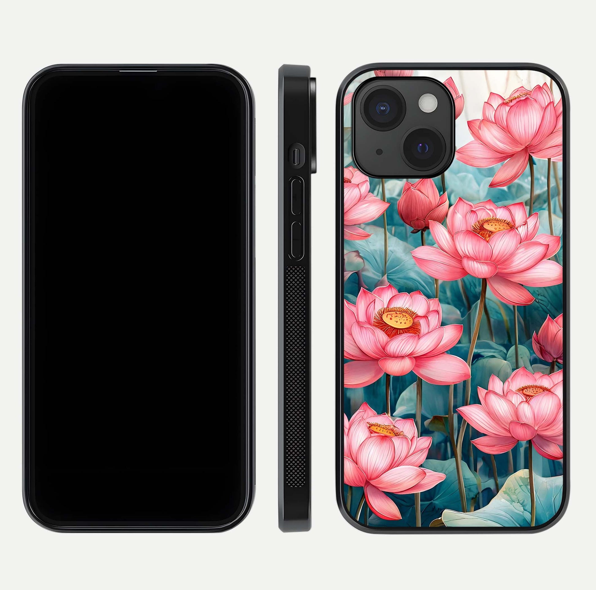 Celestial Pink Lotus Glass Case for iPhone 15 dual-view layout showing floral center and smooth edges