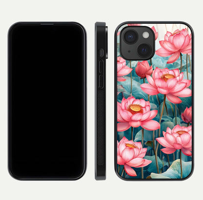 Celestial Pink Lotus Glass Case for iPhone 15 dual-view layout showing floral center and smooth edges