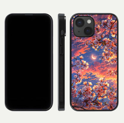 Celestial Sakura Sunset Glass Case for iPhone 15 dual-view layout showing floral gradient and reflection polish