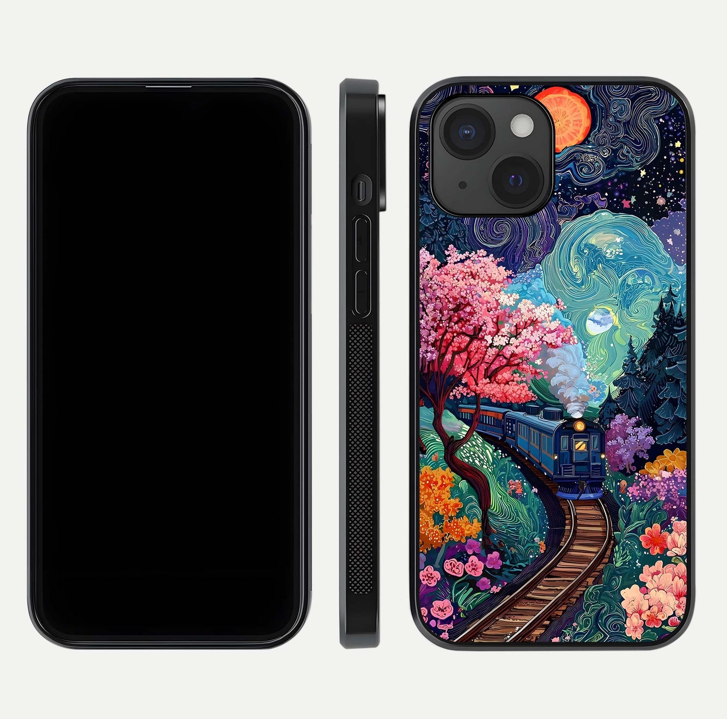 Celestial Train Journey Glass Case for iPhone 15 dual-view layout showing cosmic art balance and curved glass edges