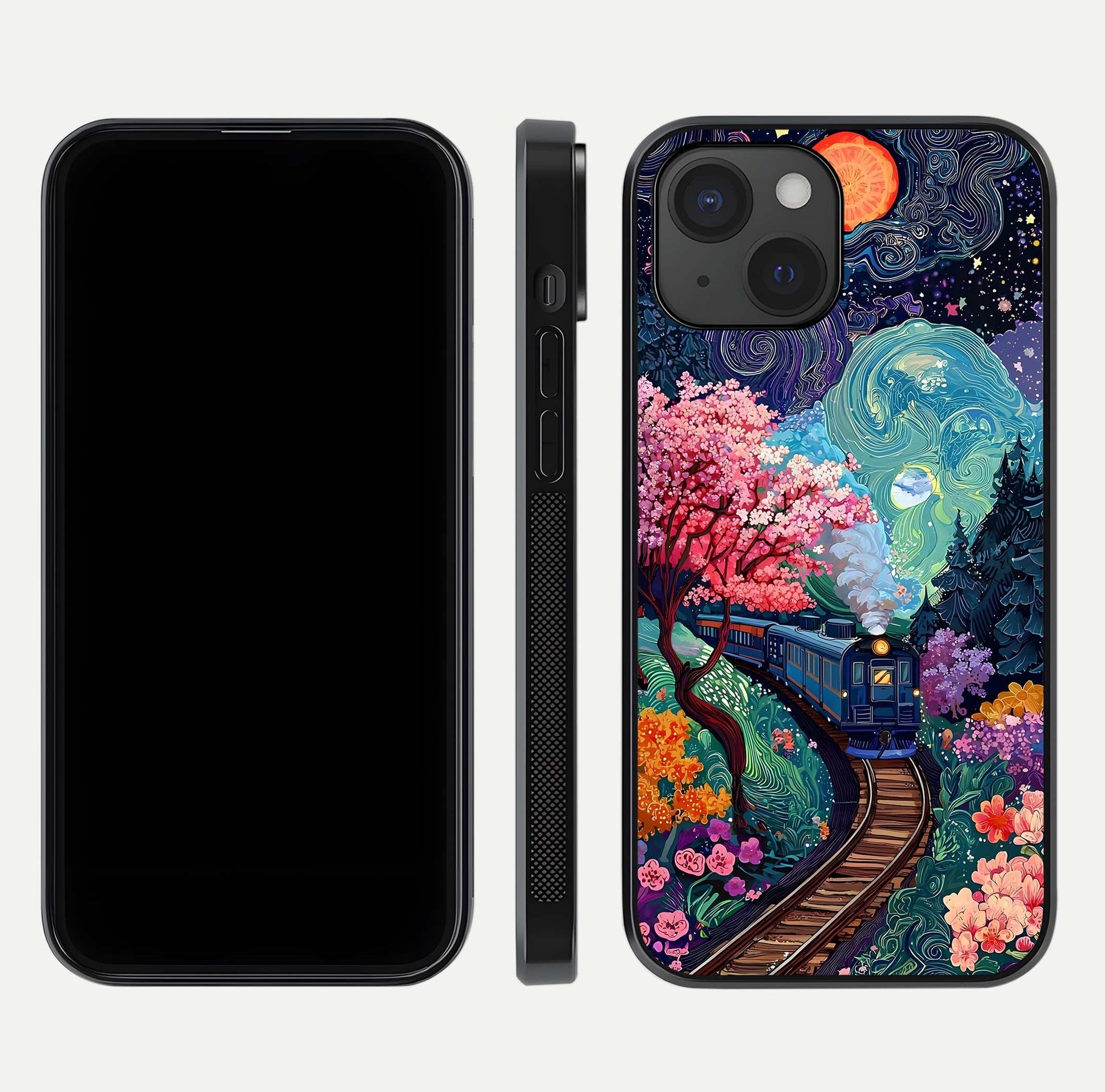 Celestial Train Journey Glass Case for iPhone 15 dual-view layout showing cosmic art balance and curved glass edges
