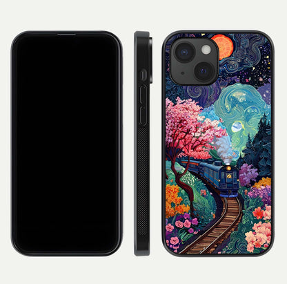 Celestial Train Journey Glass Case for iPhone 15 dual-view layout showing cosmic art balance and curved glass edges