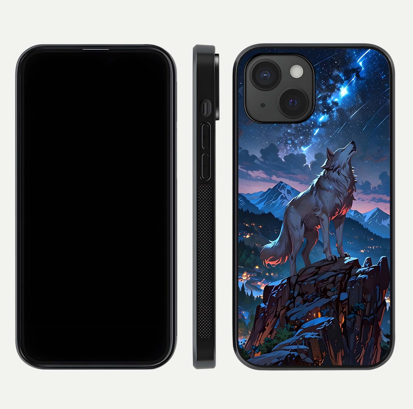 Celestial Wolf Howl Glass Case for iPhone 15 dual-view layout displaying night tones and protective glass edges