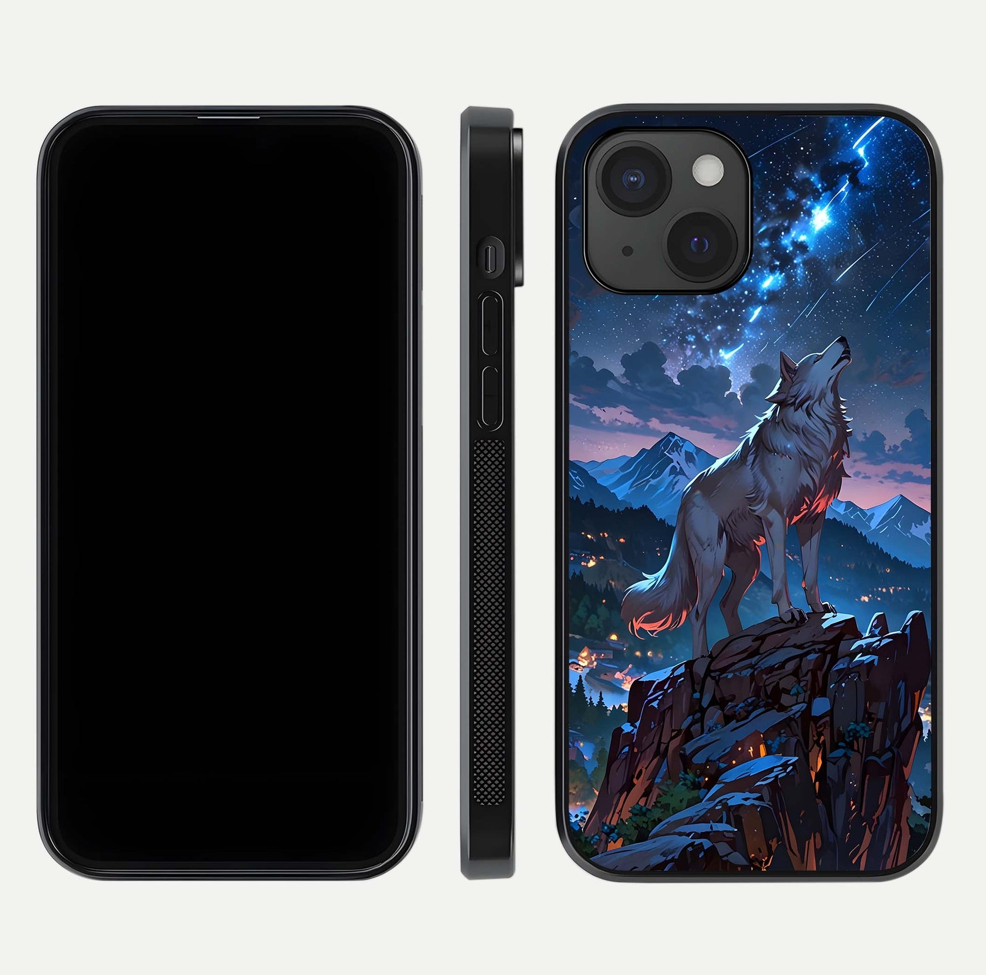 Celestial Wolf Howl Glass Case for iPhone 15 dual-view layout displaying night tones and protective glass edges