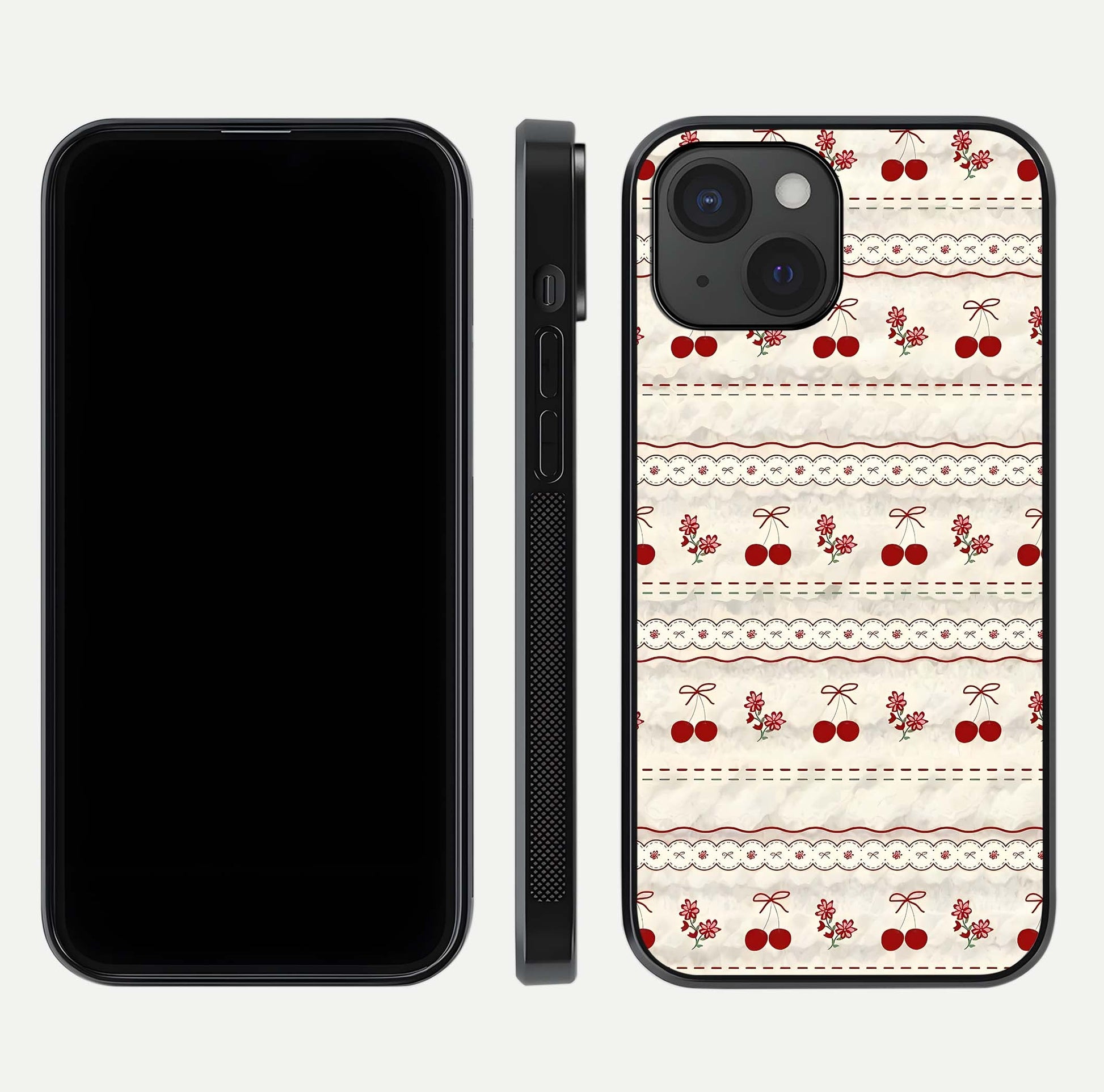 Cherry Bloom Charm Glass Case for iPhone 15 front-and-back layout displaying floral art and smooth finish