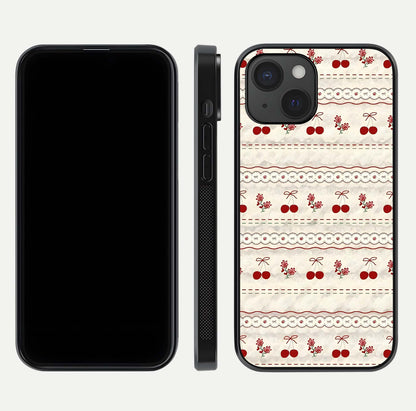 Cherry Bloom Charm Glass Case for iPhone 15 front-and-back layout displaying floral art and smooth finish
