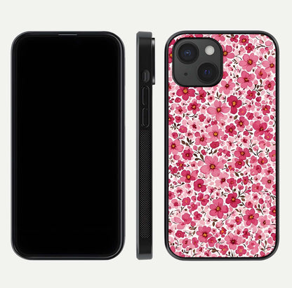 Cherry Blossom Charm Glass Case for iPhone 15 dual-view layout showing elegant floral balance and HD gloss