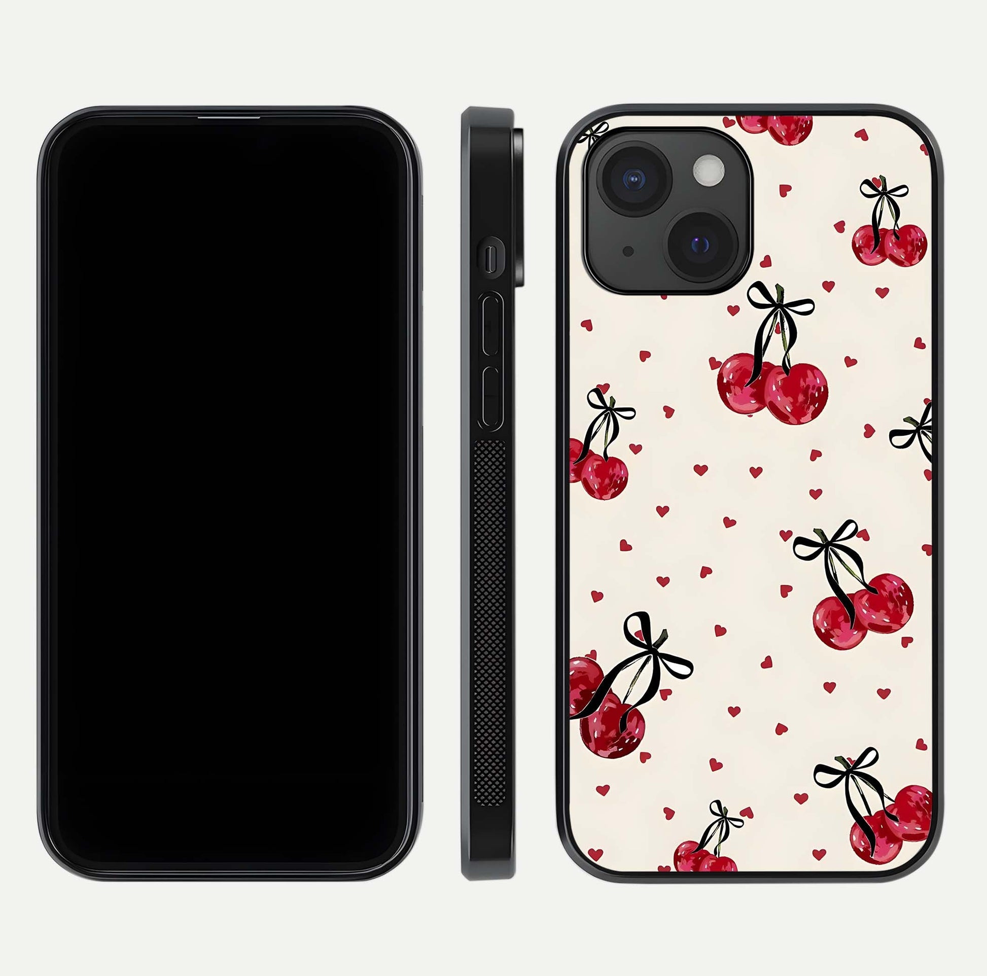 Cherry Heart Bow Glass Case for iPhone 15 front-and-back view showing design clarity and edge protection