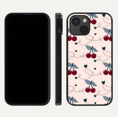 Cherry Heart Line Glass Case for iPhone 15 dual-view layout displaying minimal cherry motif and edge design