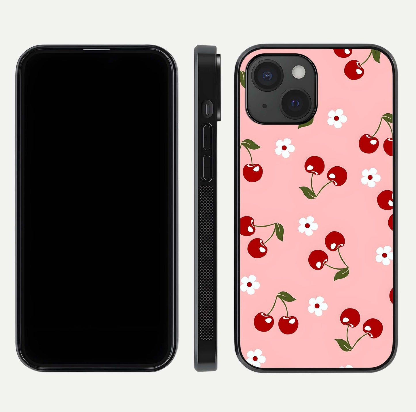 Cherry Love Mood Glass Case for iPhone 15 dual-view layout showing design alignment and curved edges