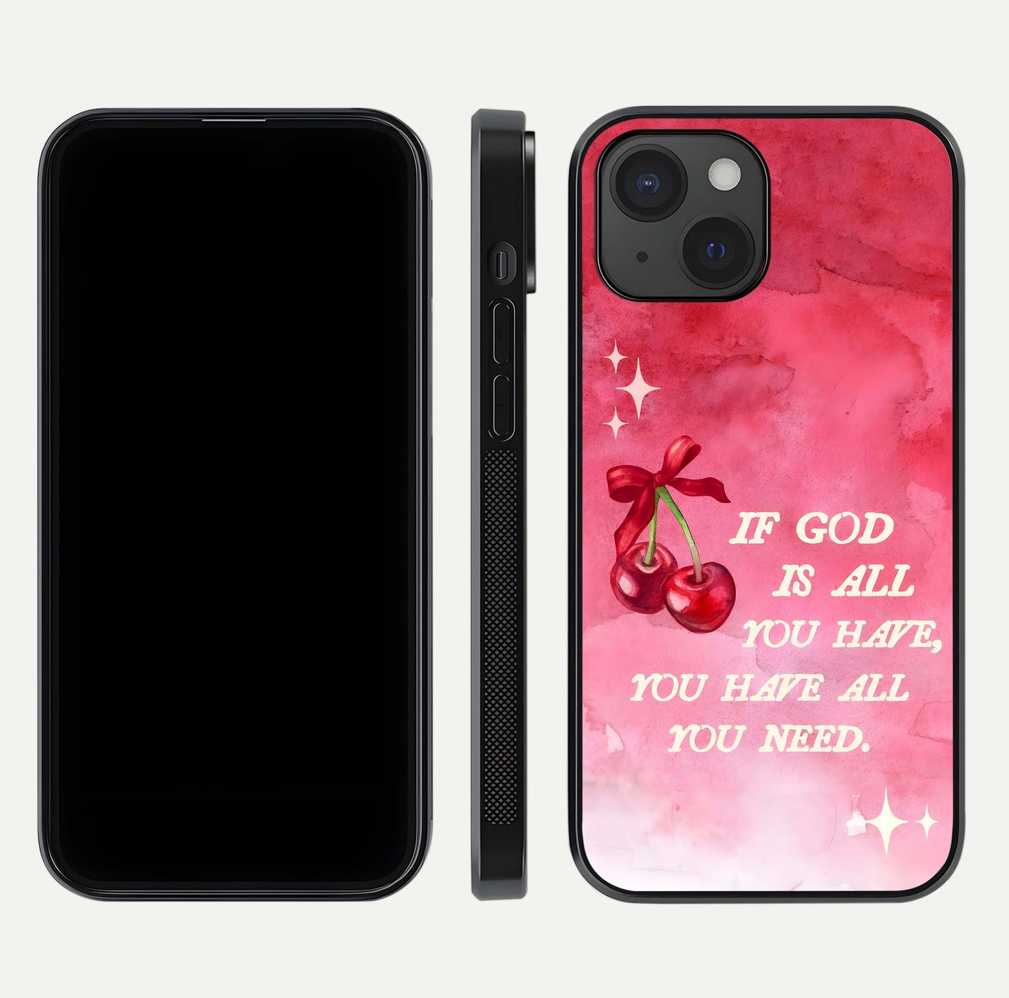 Cherry Quote Glass Case for iPhone 15 dual-view layout showing red cherry tones and text balance