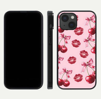 Cherry With Lips Glass Case for iPhone 15 front-and-back layout displaying detailed design and glass finish