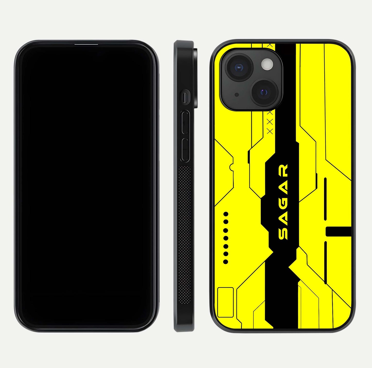 Circuit CYBERPUNK Custom Name Glass Case for iPhone 15 dual-view layout showing bold tech art and edge clarity