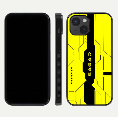 Circuit CYBERPUNK Custom Name Glass Case for iPhone 15 dual-view layout showing bold tech art and edge clarity
