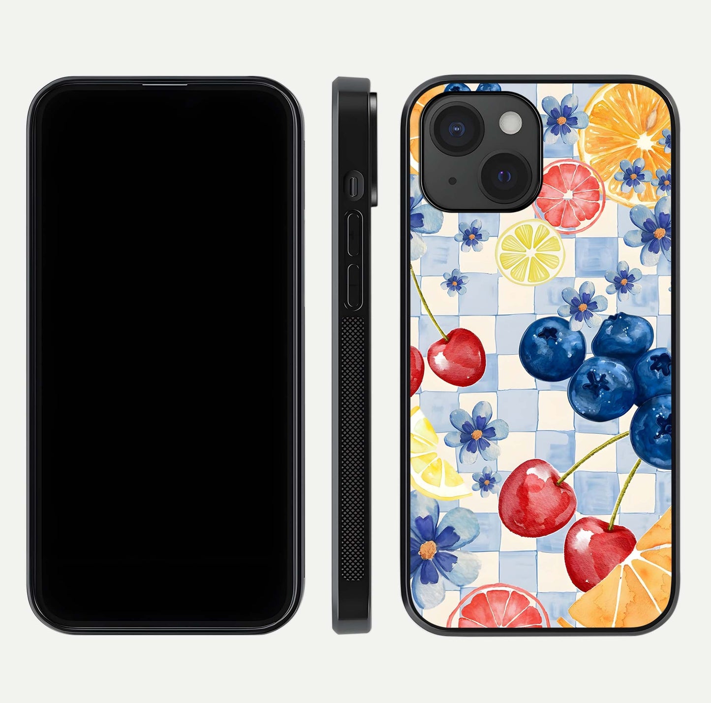 Citrus Bloom Joy Glass Case for iPhone 15 dual-view layout displaying colorful print and smooth edges
