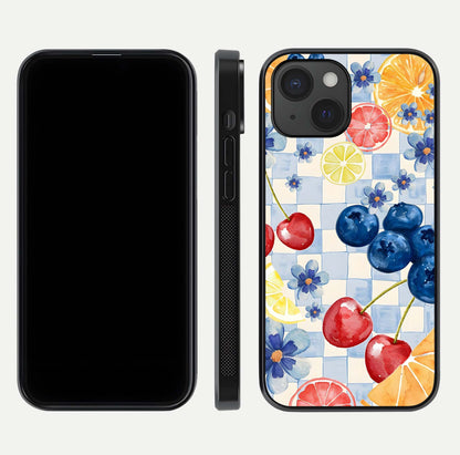 Citrus Bloom Joy Glass Case for iPhone 15 dual-view layout displaying colorful print and smooth edges