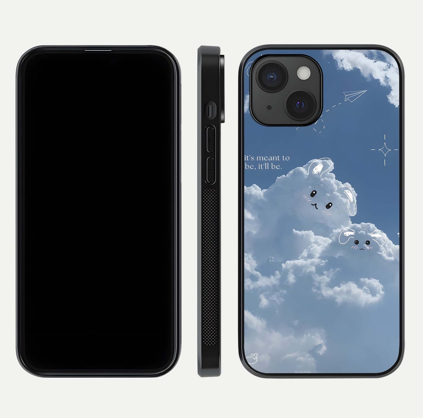 Cloud Bunny Dreams Glass Case for iPhone 15 dual-view layout displaying aesthetic tones and smooth polish