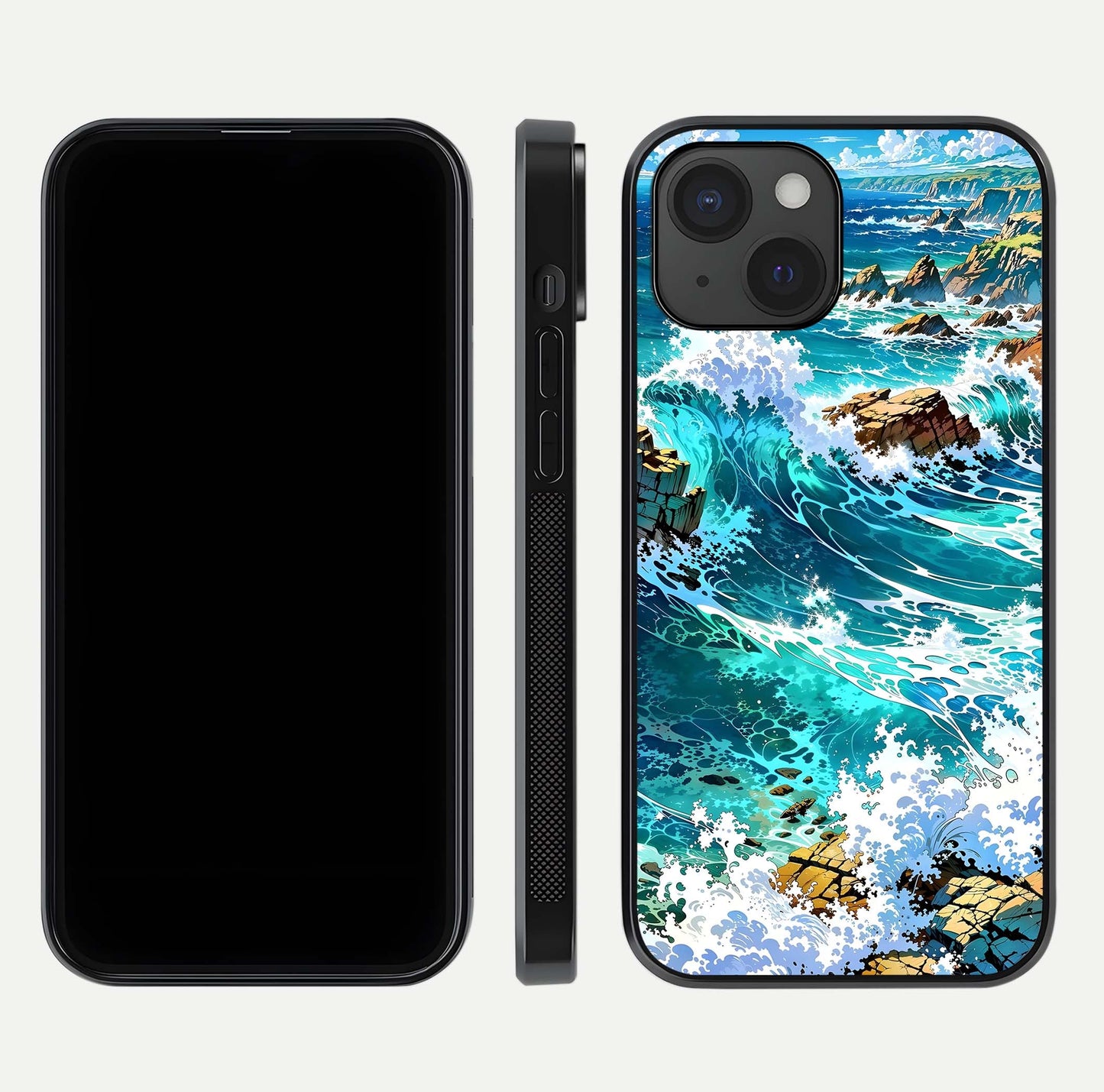 Coastal Blue Waves Glass Case for iPhone 15 dual-view layout displaying sea tones and curved finish