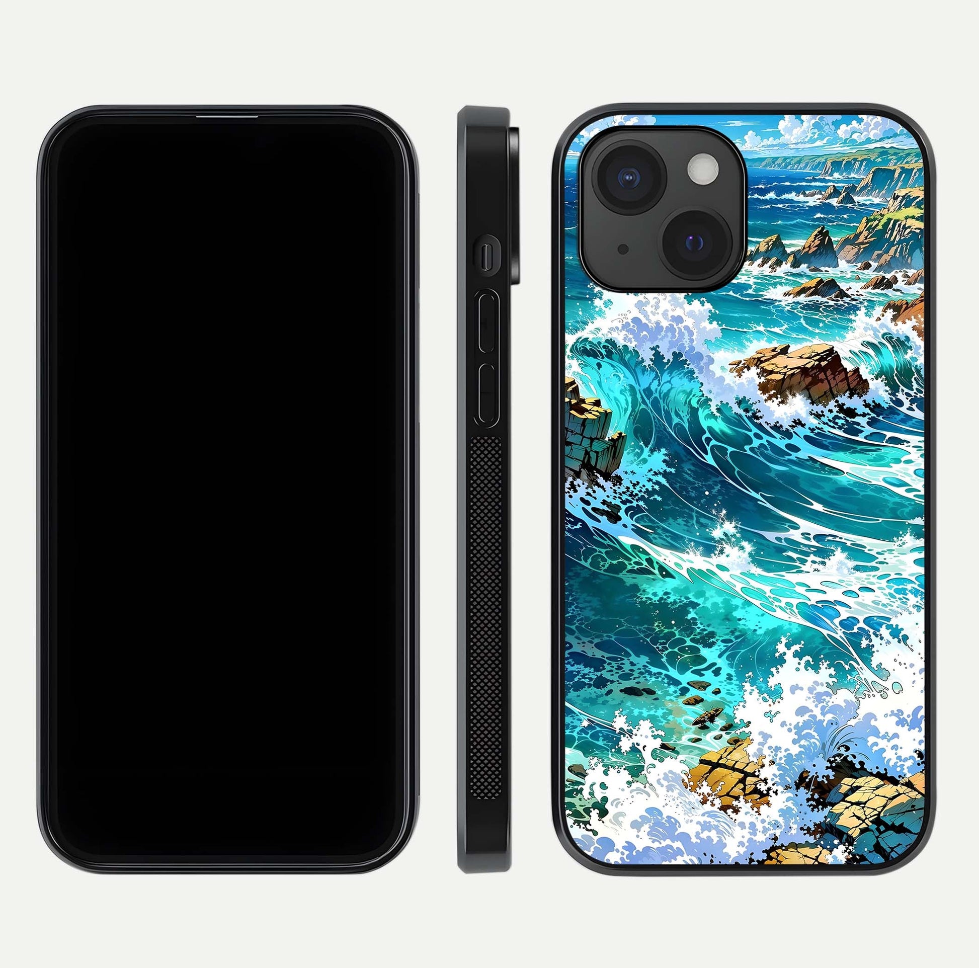 Coastal Blue Waves Glass Case for iPhone 15 dual-view layout displaying sea tones and curved finish
