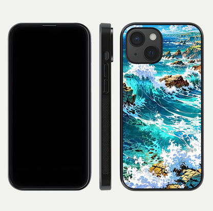 Coastal Blue Waves Glass Case for iPhone 15 dual-view layout displaying sea tones and curved finish