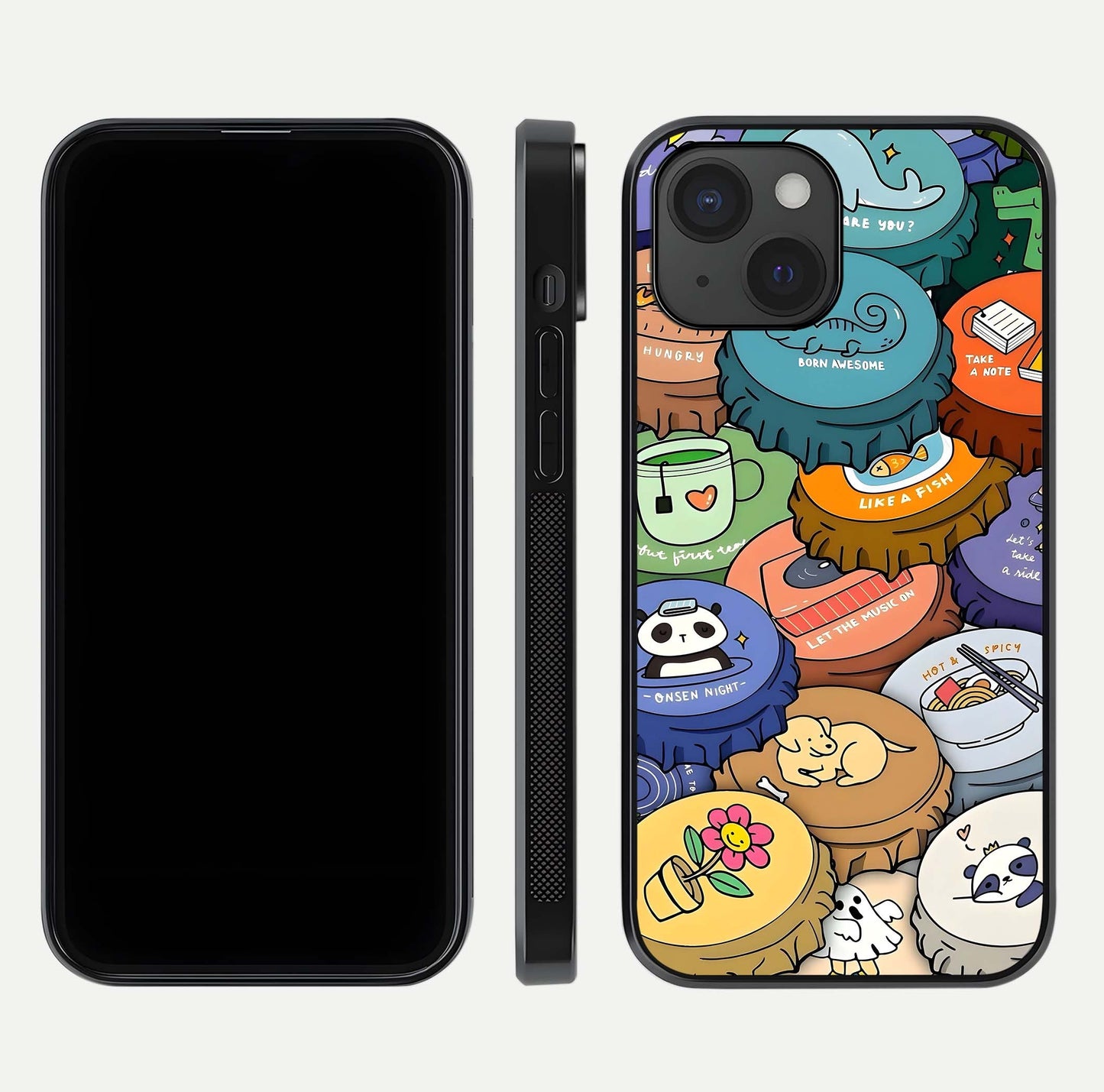 Coins Patterns Glass Case for iPhone 15 dual-view layout displaying elegant art and glass clarity