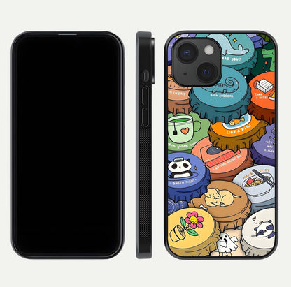 Coins Patterns Glass Case for iPhone 15 dual-view layout displaying elegant art and glass clarity