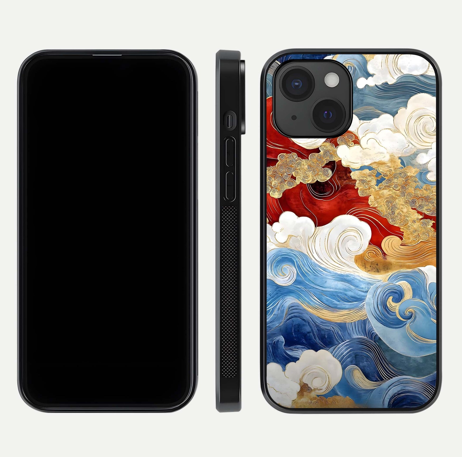 Colored Waves Glass Case for iPhone 15 front & back layout showing smooth edges and vivid print tones