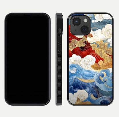 Colored Waves Glass Case for iPhone 15 front & back layout showing smooth edges and vivid print tones
