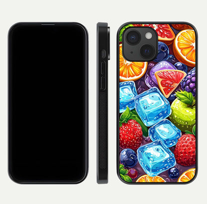 Colorful Fruits with Ice Glass Case for iPhone 15 dual-view layout showing fresh tones and polished edges