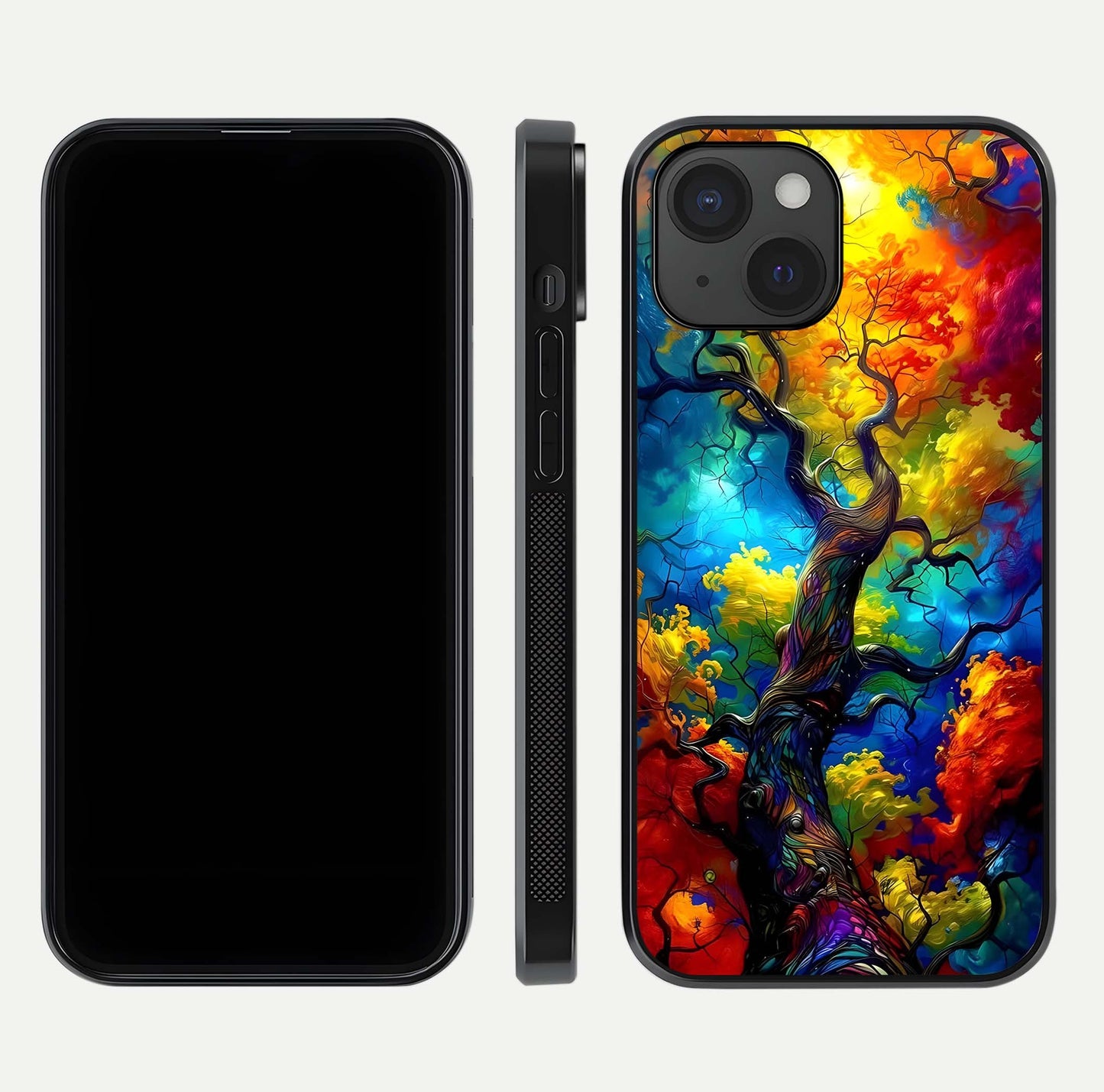 Colorful Tree Glass Case for iPhone 15 dual-view layout displaying balanced tones and smooth edges