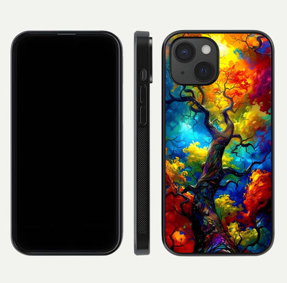 Colorful Tree Glass Case for iPhone 15 dual-view layout displaying balanced tones and smooth edges