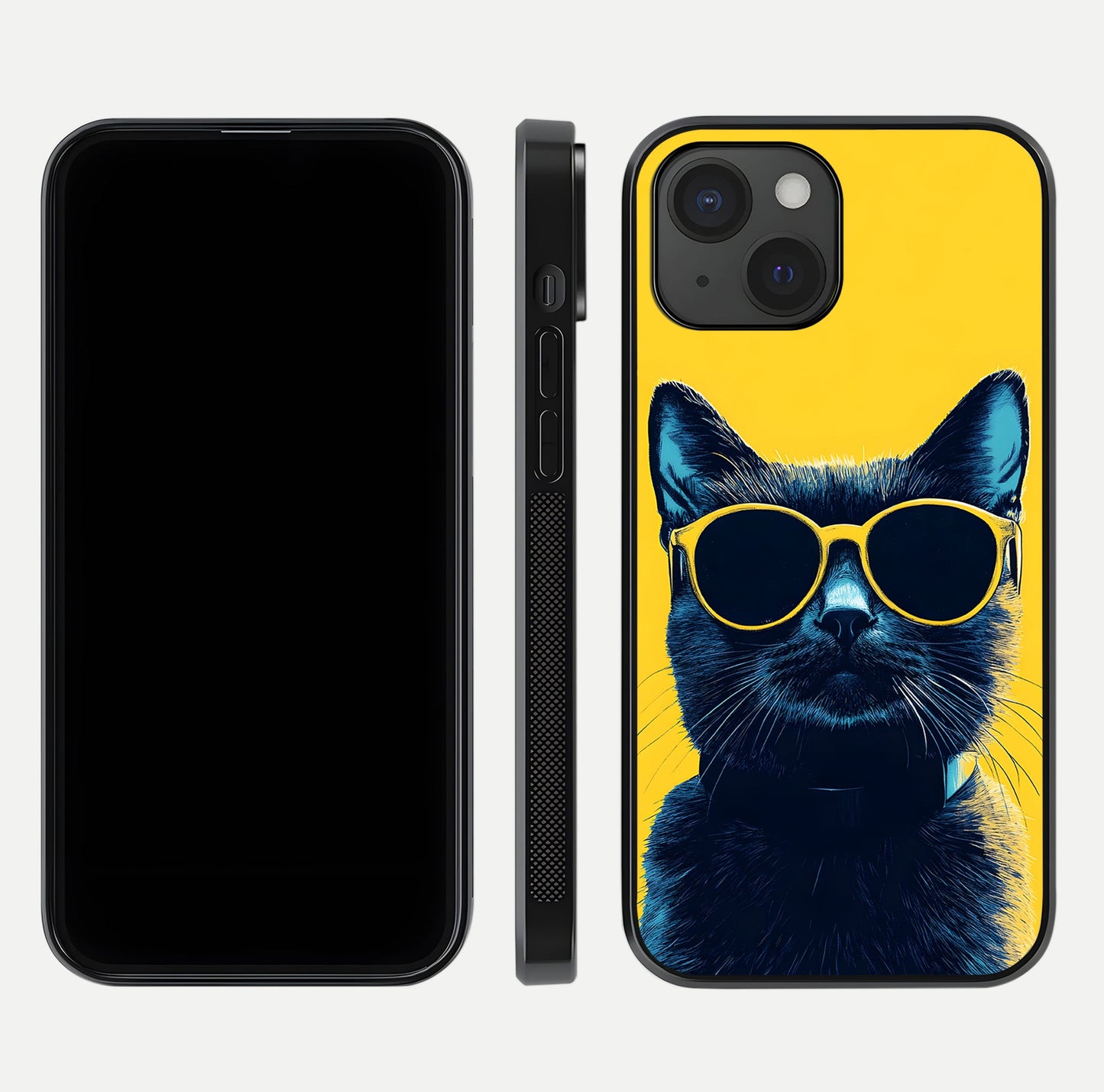Cool Cat Vibes iPhone 15  glass phone case front and side layout view showing slim frame and full design coverage