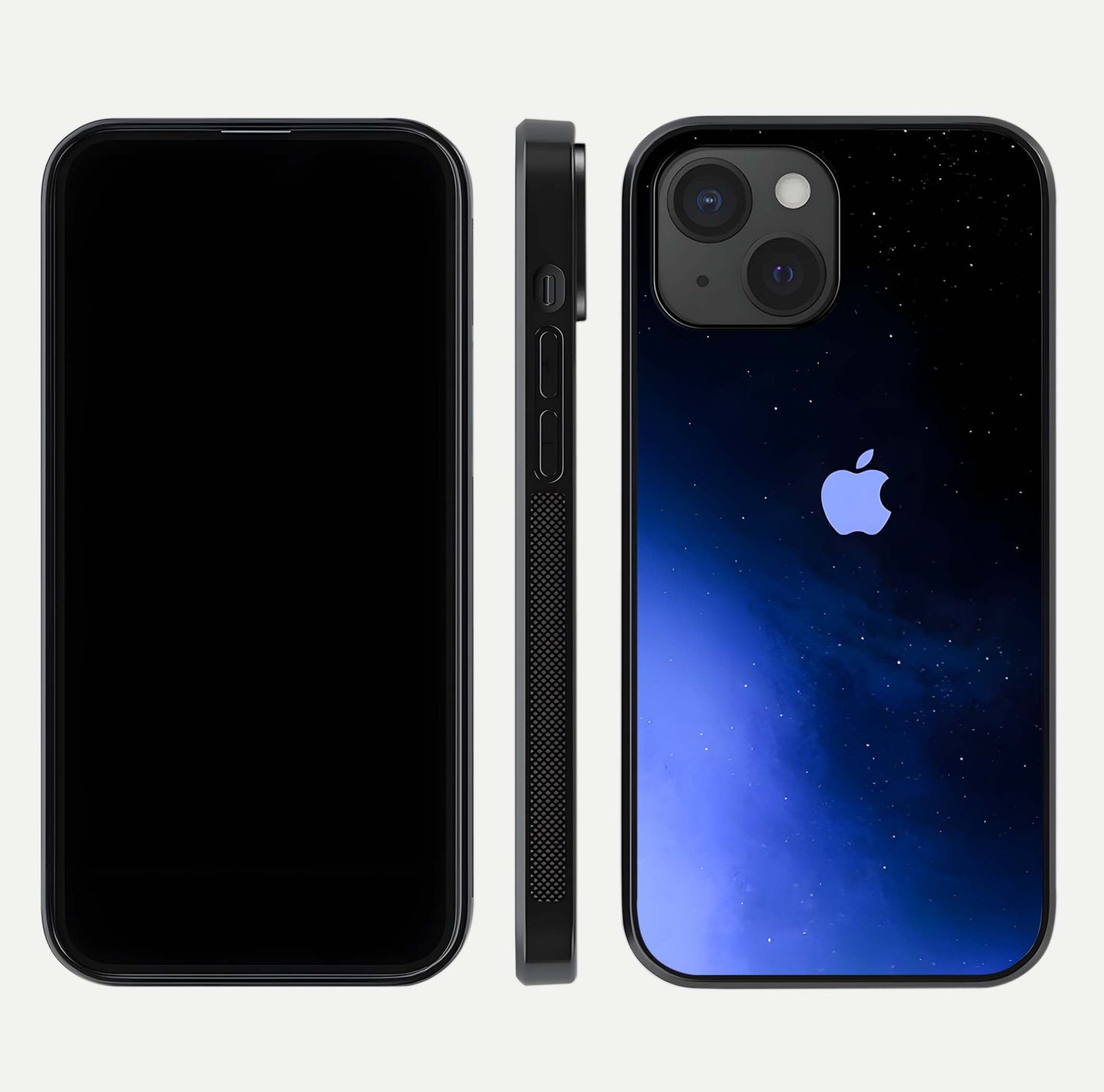 Cosmic Blue Apple Glass Case for iPhone 15 dual-view layout displaying cosmic tones and glass edges