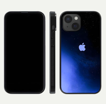 Cosmic Blue Apple Glass Case for iPhone 15 dual-view layout displaying cosmic tones and glass edges