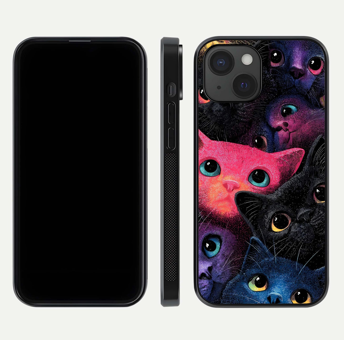 Cosmic Cats Dreams Glass Case for iPhone 15 dual-view layout displaying HD print and glossy shine