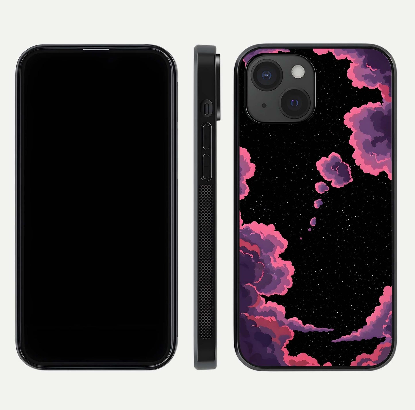 Cosmic Cloud Journey Glass Case for iPhone 15 dual-view layout displaying celestial tones and edge clarity