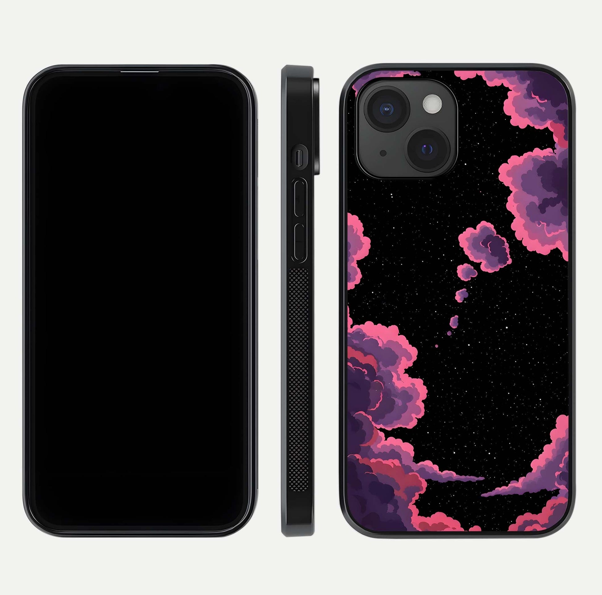 Cosmic Cloud Journey Glass Case for iPhone 15 dual-view layout displaying celestial tones and edge clarity