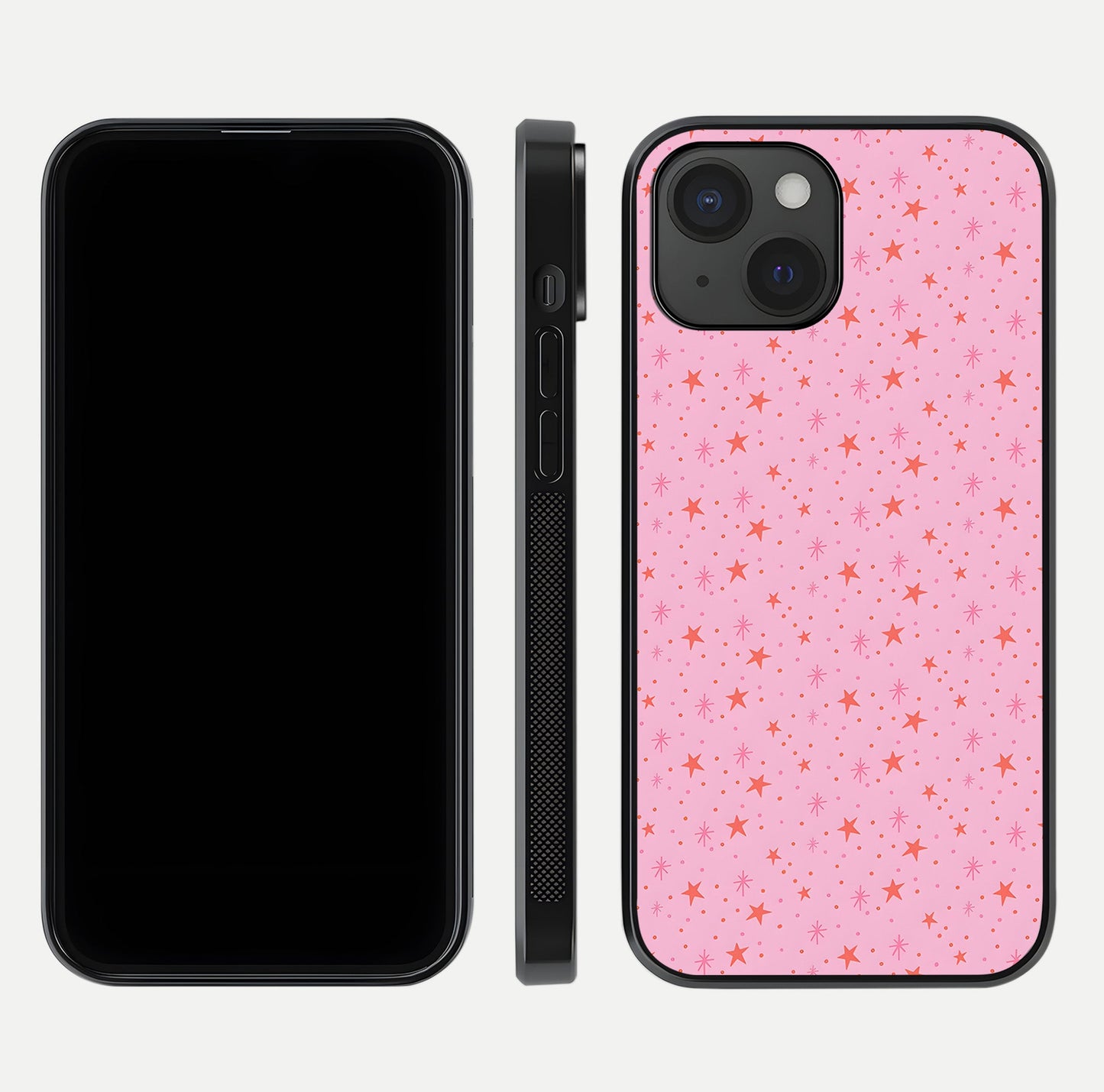 Cosmic Pink Sparkle iPhone 15  glass phone case front and side layout view displaying slim profile and full cosmic coverage