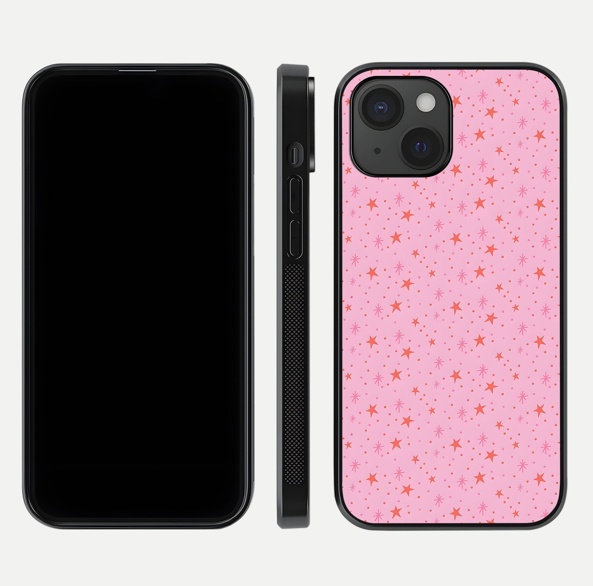 Cosmic Pink Sparkle iPhone 15  glass phone case front and side layout view displaying slim profile and full cosmic coverage