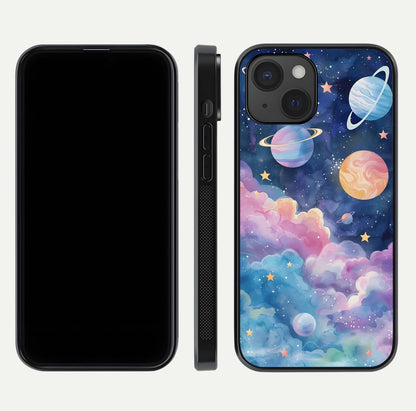 Cosmic Planet Dreams Glass Case for iPhone 15 dual-view layout displaying galaxy colors and curved finish