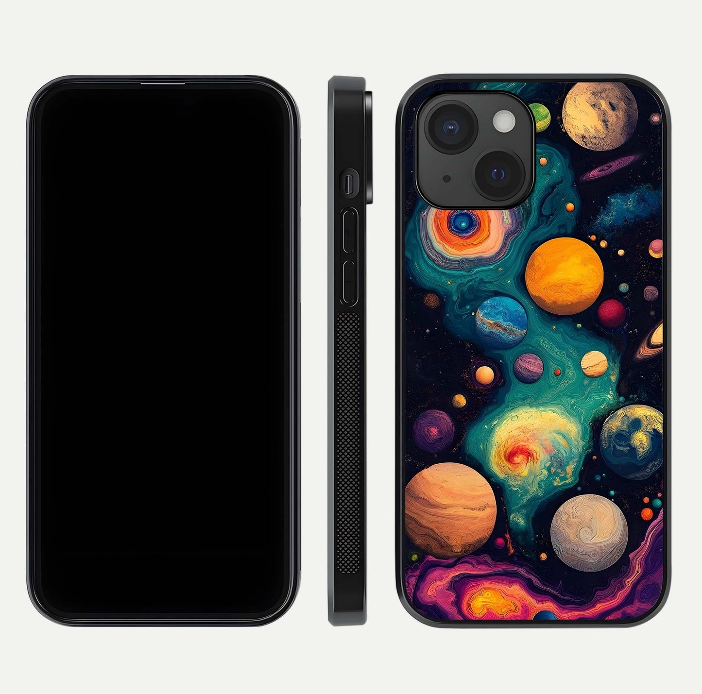 Cosmic Planet Journey Glass Case for iPhone 15 dual-view layout displaying colorful cosmic balance