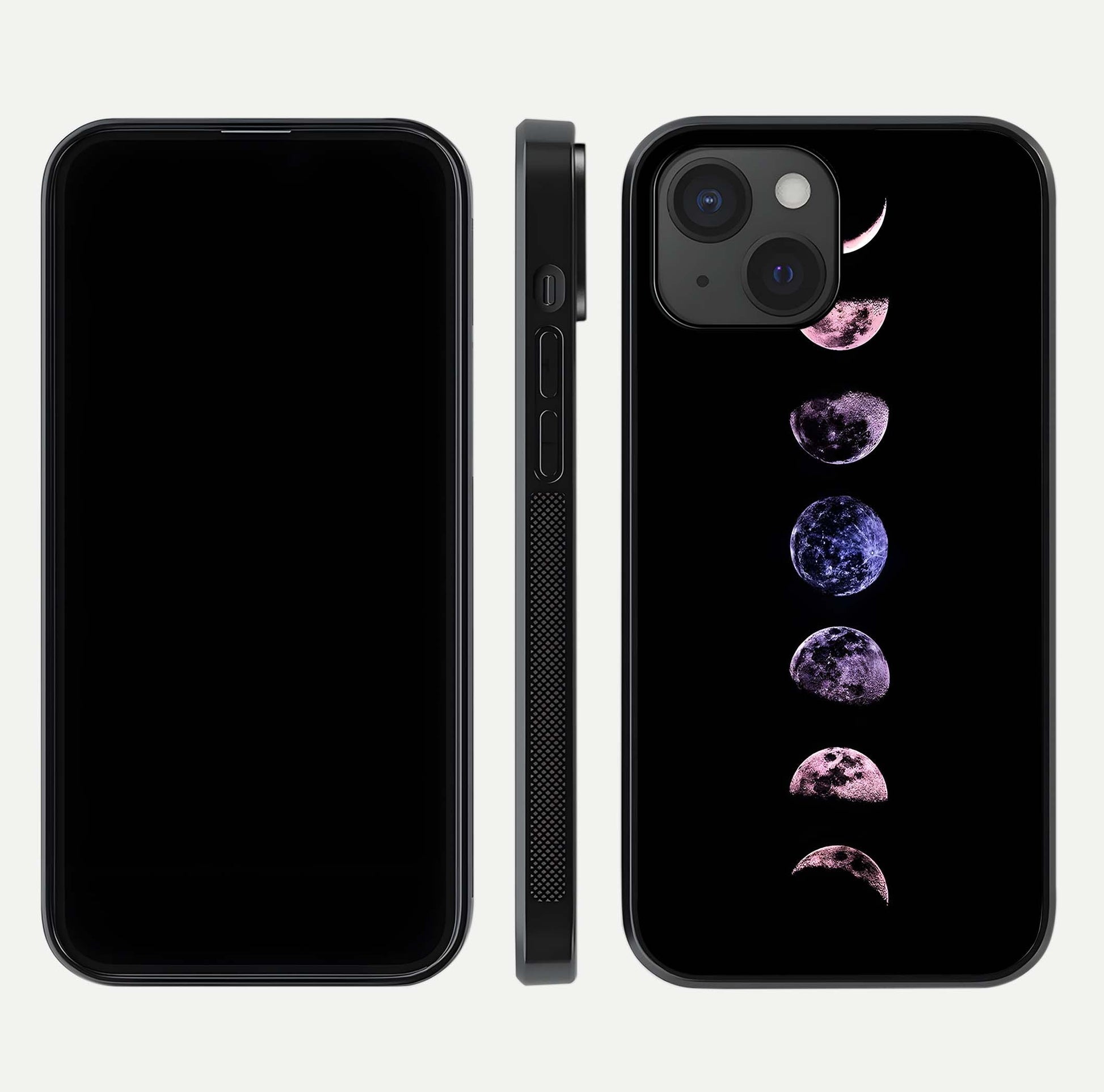 Crimson All Planets Glass Case for iPhone 15 dual-view layout displaying crimson tones and curved edges