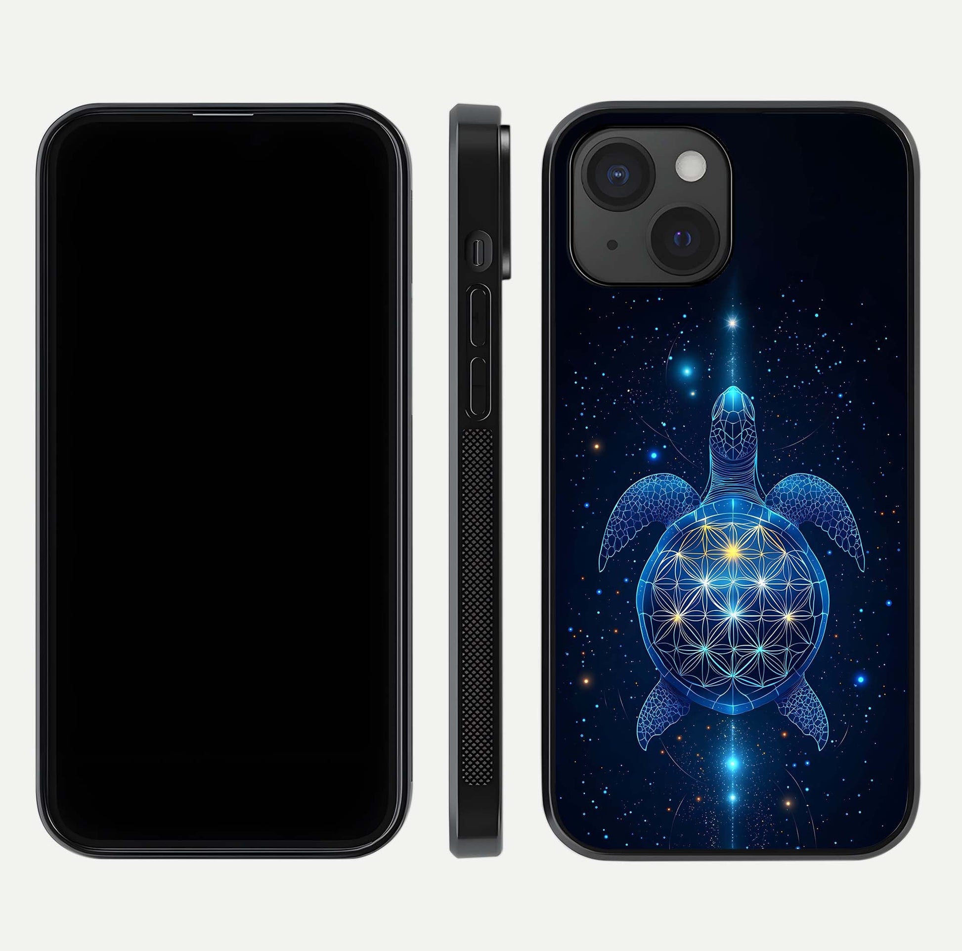 Crimson Blue Turtle Glass Case for iPhone 15 dual-view layout displaying ocean tones and HD finish