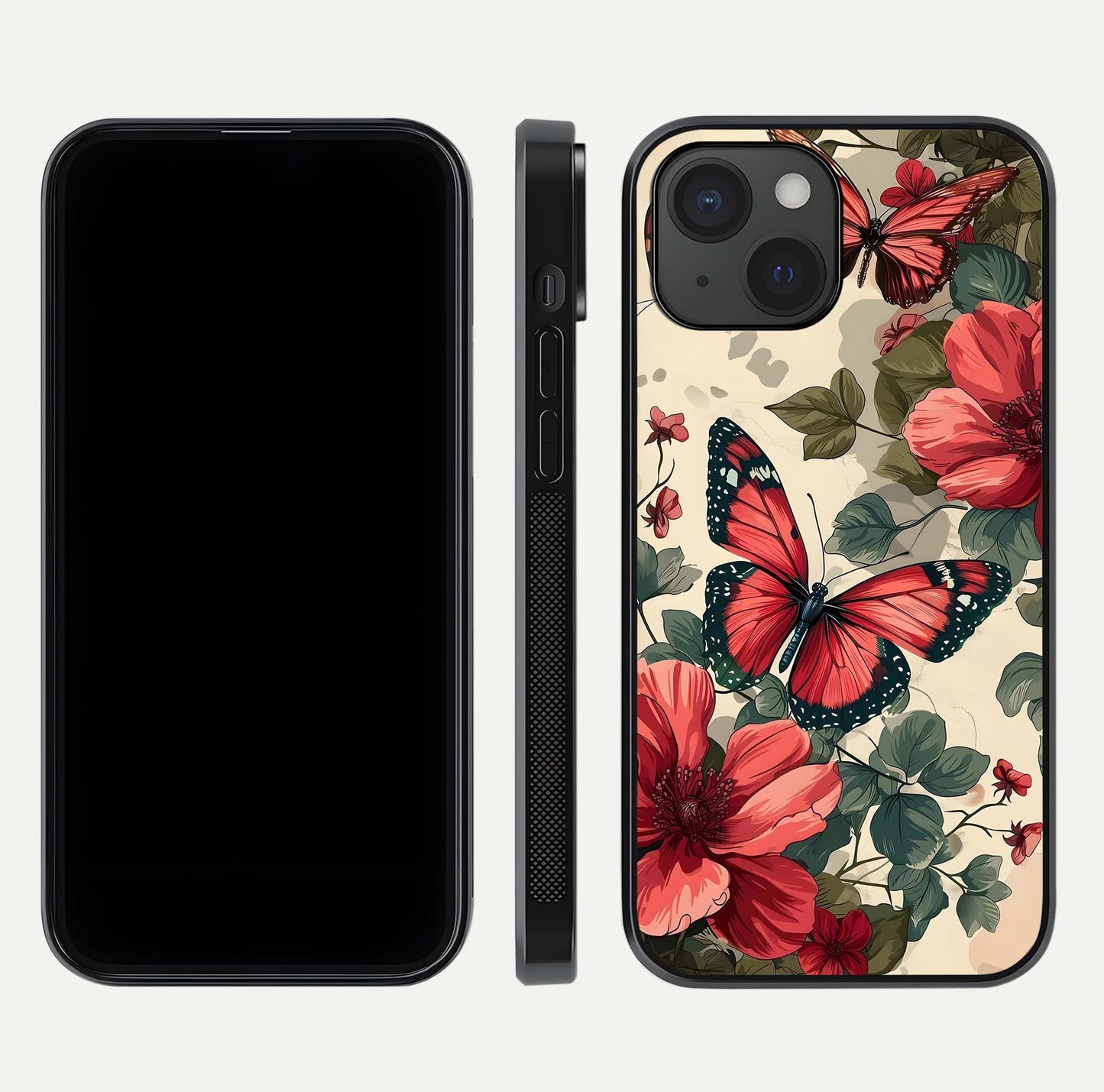 Crimson Butterfly Garden Glass Case for iPhone 15 dual-view layout displaying floral patterns and edge finish