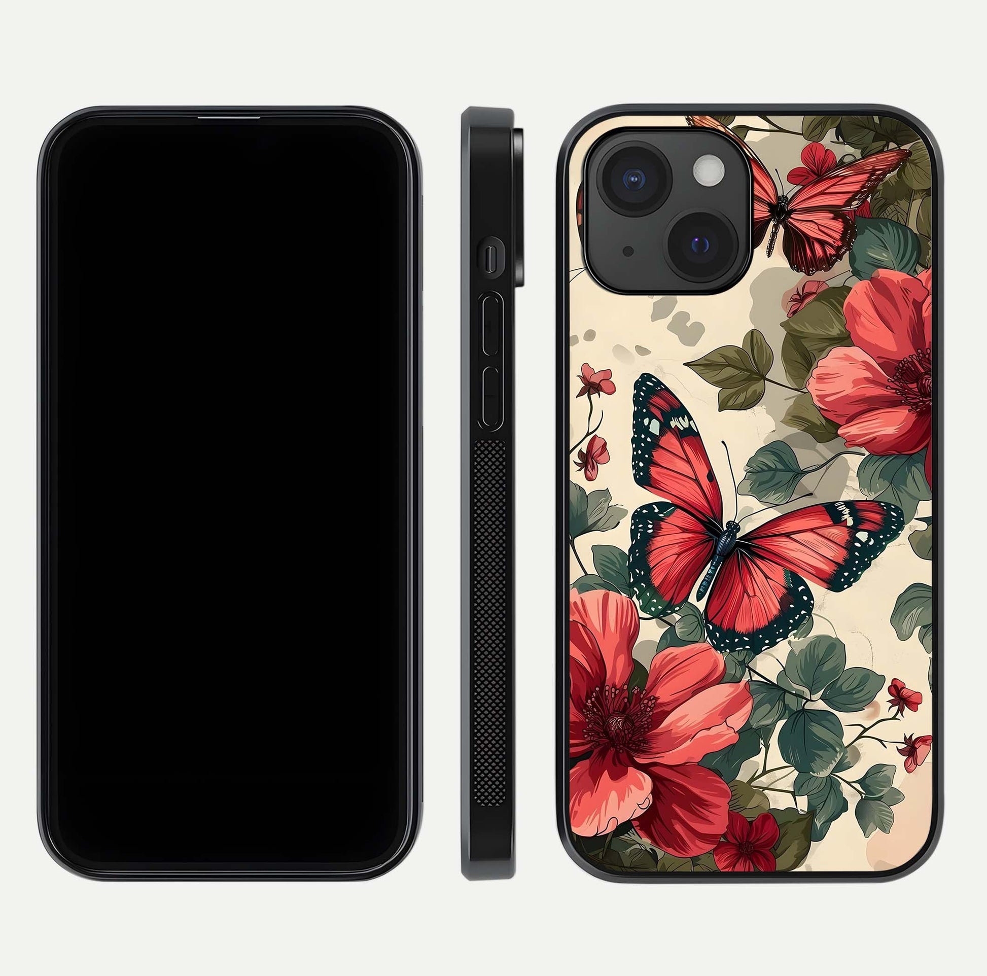 Crimson Butterfly Garden Glass Case for iPhone 15 dual-view layout displaying floral patterns and edge finish