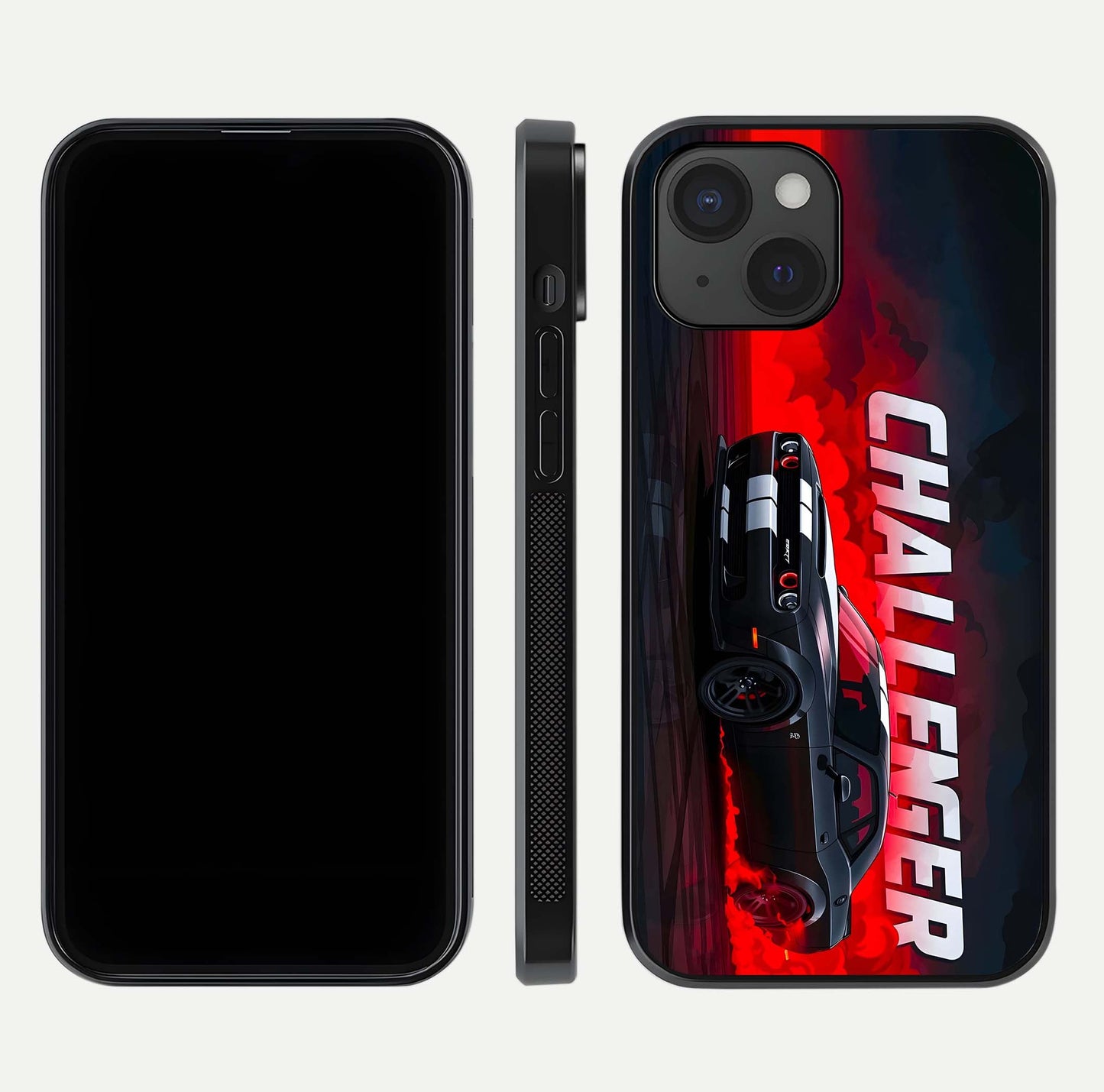 Crimson Challenger Fury Glass Case for iPhone 15 dual-view layout displaying bold tones and edge polish
