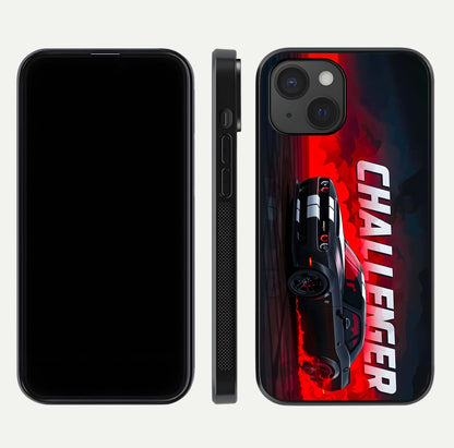 Crimson Challenger Fury Glass Case for iPhone 15 dual-view layout displaying bold tones and edge polish