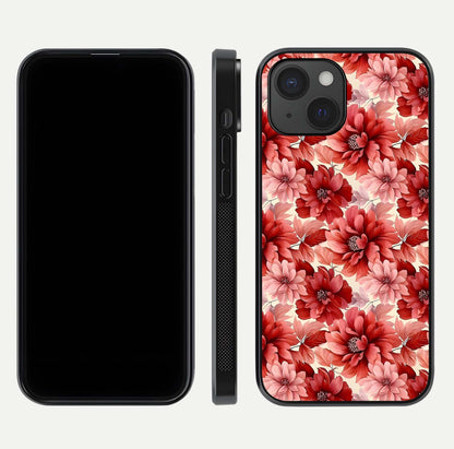 Crimson Love Petals Glass Case for iPhone 15 dual-view layout displaying floral charm and curved glass