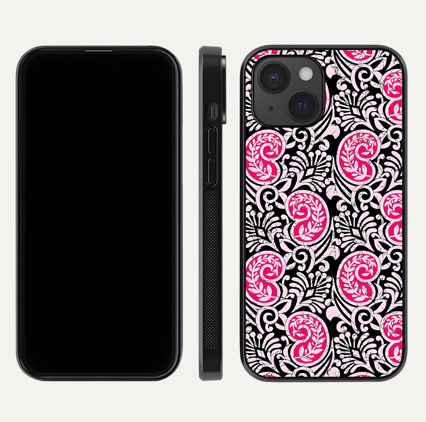 Crimson Paisley Charm Glass Case for iPhone 15 dual-view layout displaying HD print and curved polish